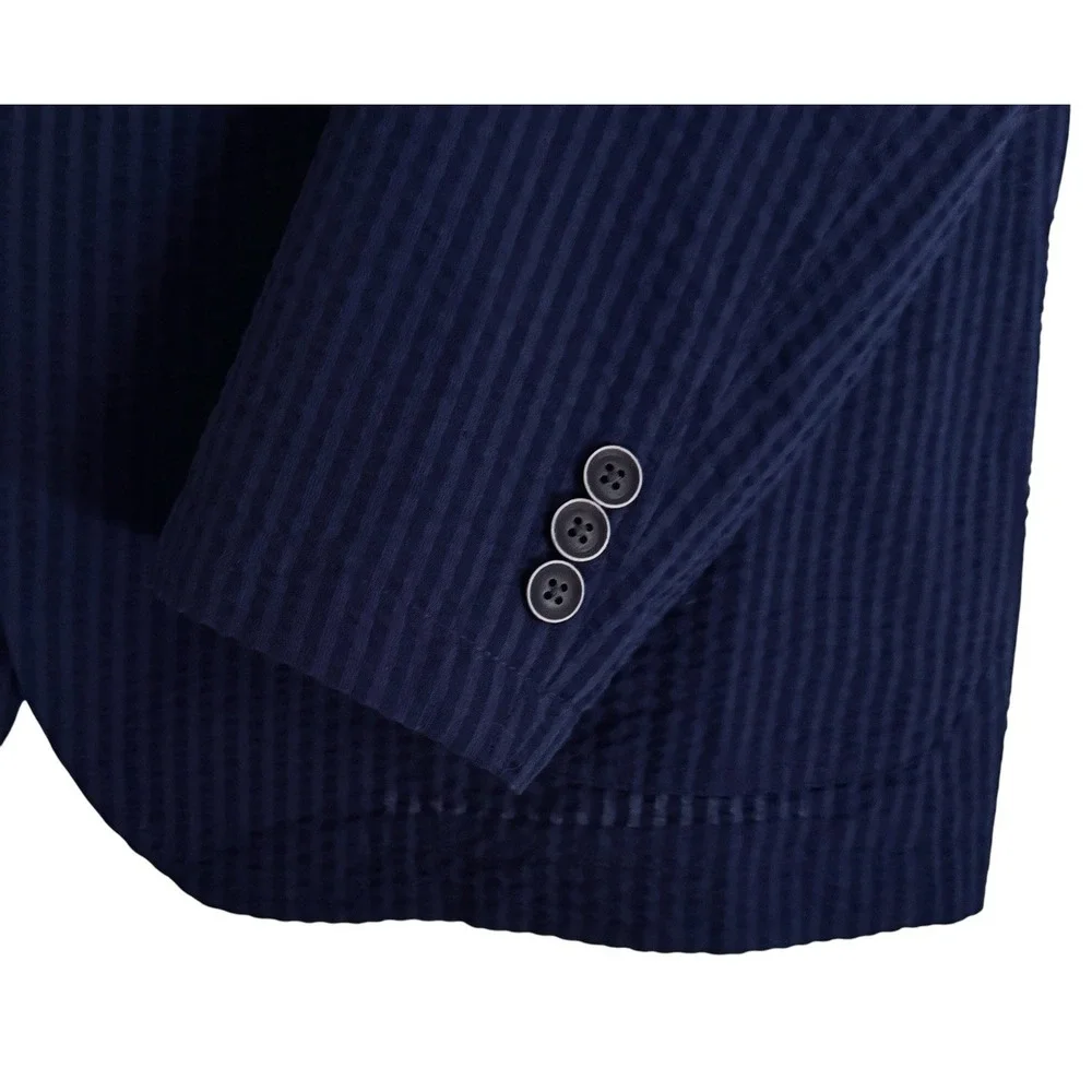 Nautica Seersucker Blazer L Sport Coat Navy Blue Cotton Blend Preppy Hamptons